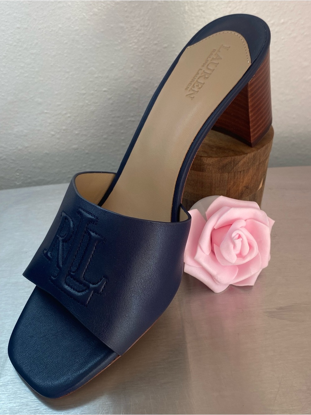 RALPH LAUREN NAVY LEATHER BLOCK HEEL MULES-NEW - Picture 4 of 15